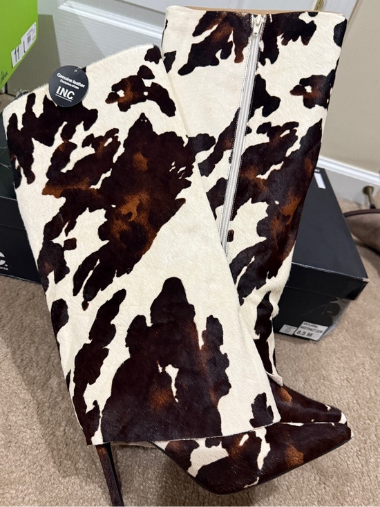 INC International Concepts Shoes - NWT INC Women's White Skylar Fold Over Cuffed Knee High Boots - Cow Print 8.5